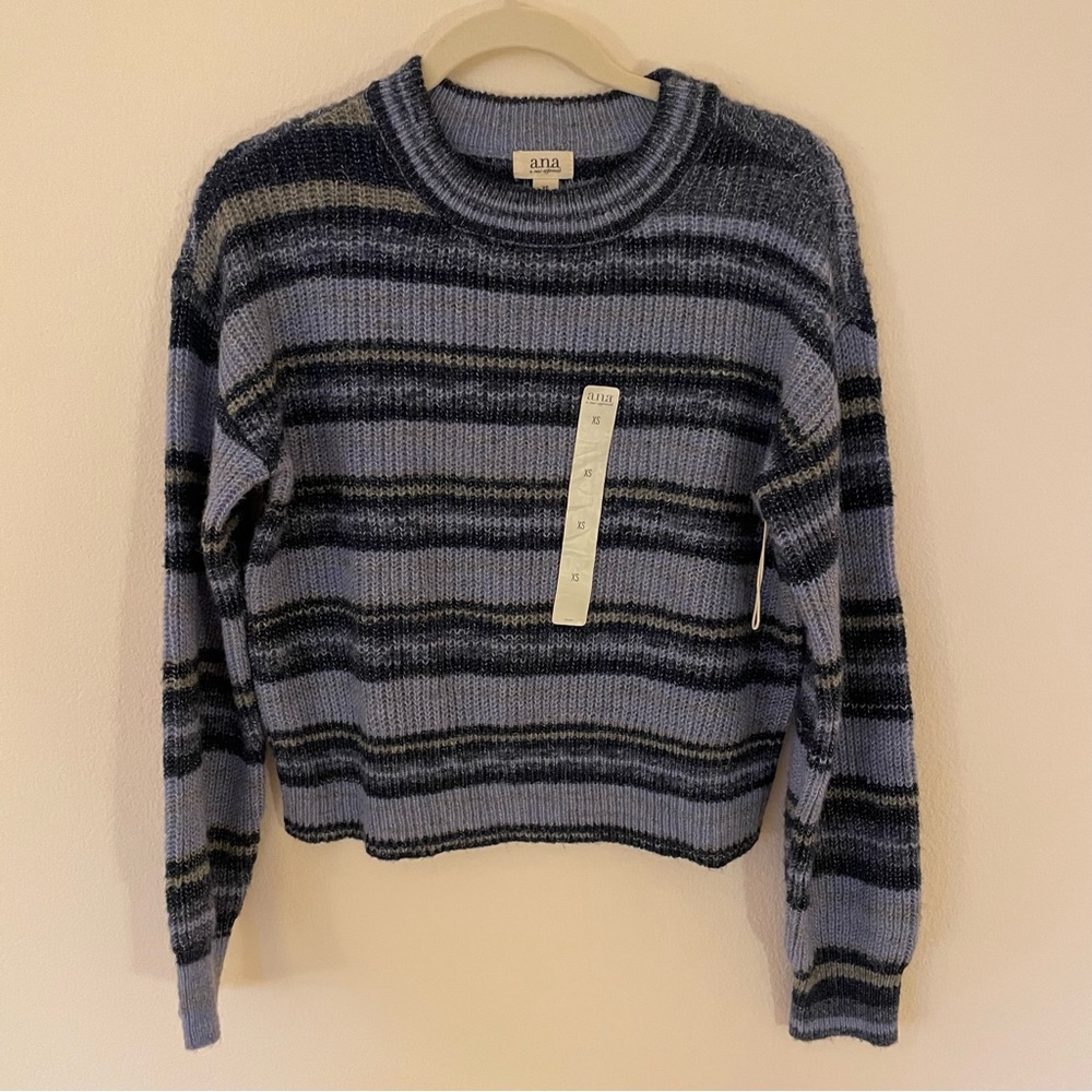 Ana Blue Striped Cropped Balloon Sleeve Sweater XS